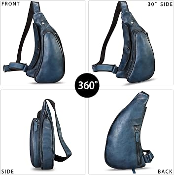 Genuine Leather Sling Bag Retro Crossbody Sling Backpack Handmade Chest Purse Daypack Cycling Fanny Pack Back Bag (Navy Blue)