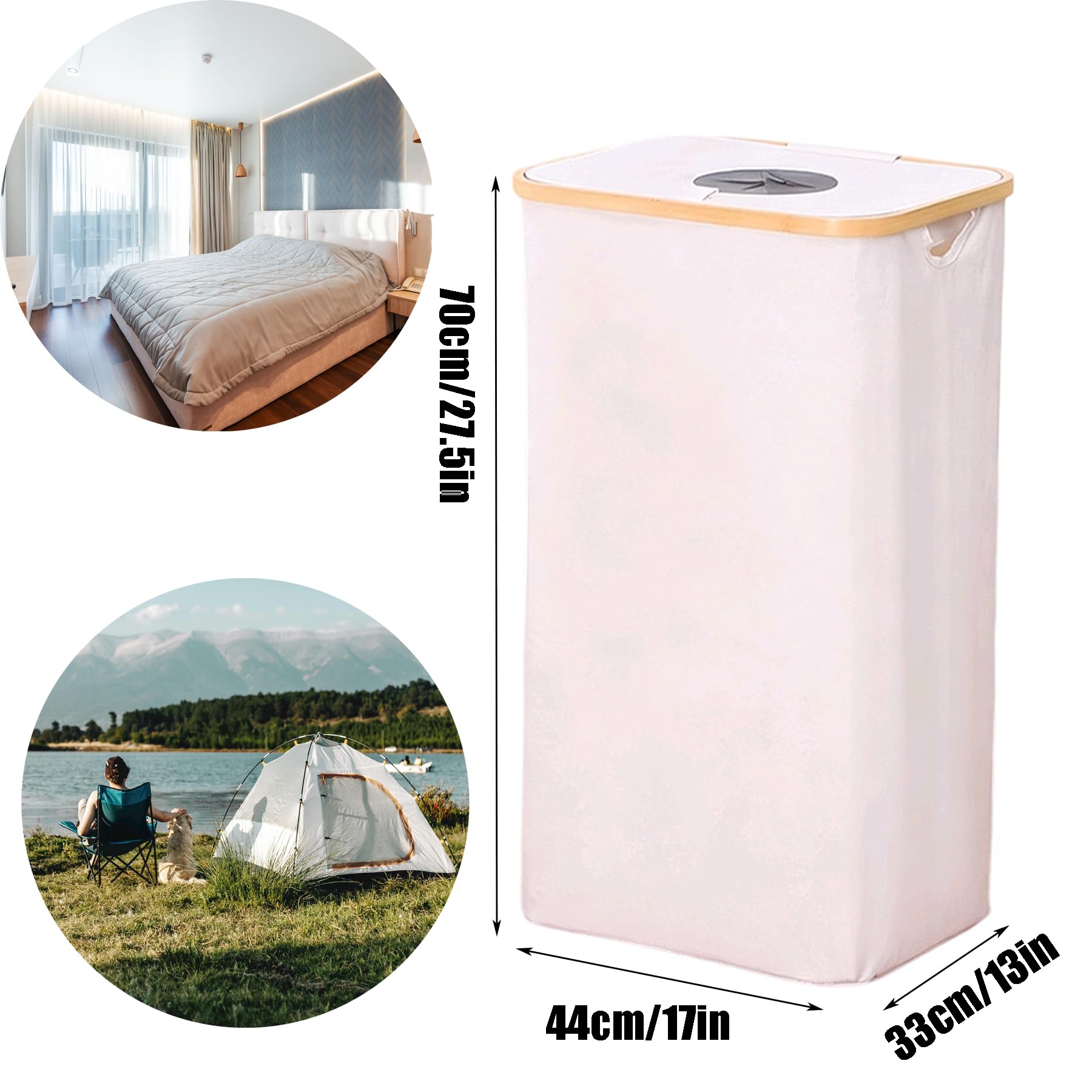 Cesto per vestiti sporchi con coperchio in bambù, 70 cm, in tessuto Oxford, con manico, borsa rimovibile, cestino pieghevole per la biancheria da letto, bagno, dormitorio, armadio, camper (Whie, Slim)