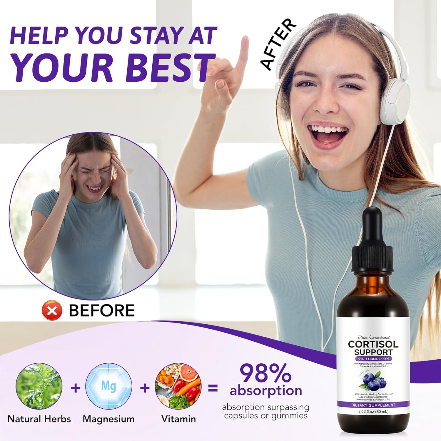 Cortisol Supplement for Women, Cortisol Support Liquid Drops with Ashwagandha, Magnesium & L-Theanine - Supports Stress Relief, Mood & Relaxation - 2.02 fl oz - Image 4