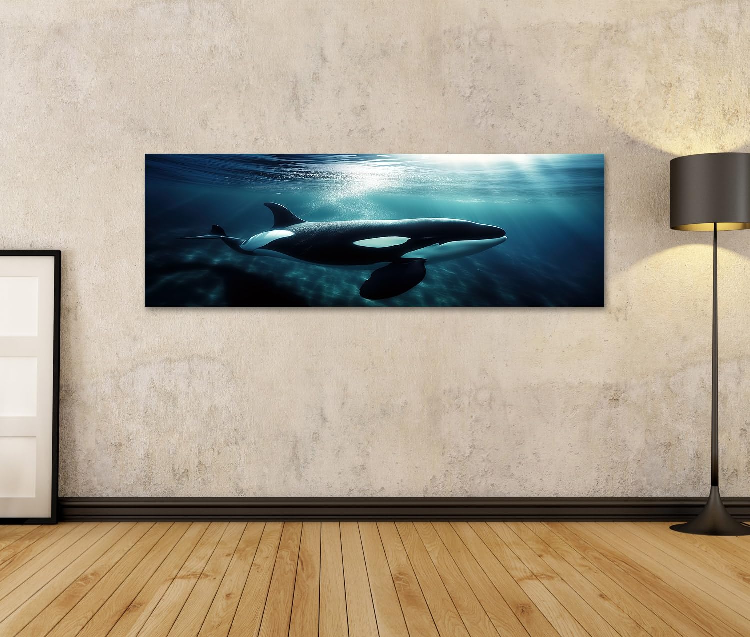 bilderfelix Quadro su tela Orca, balena assassina che nuota sott'acqua, animali sottomarini, intelligenza artificiale - Tela 120x40 cm - Panorama