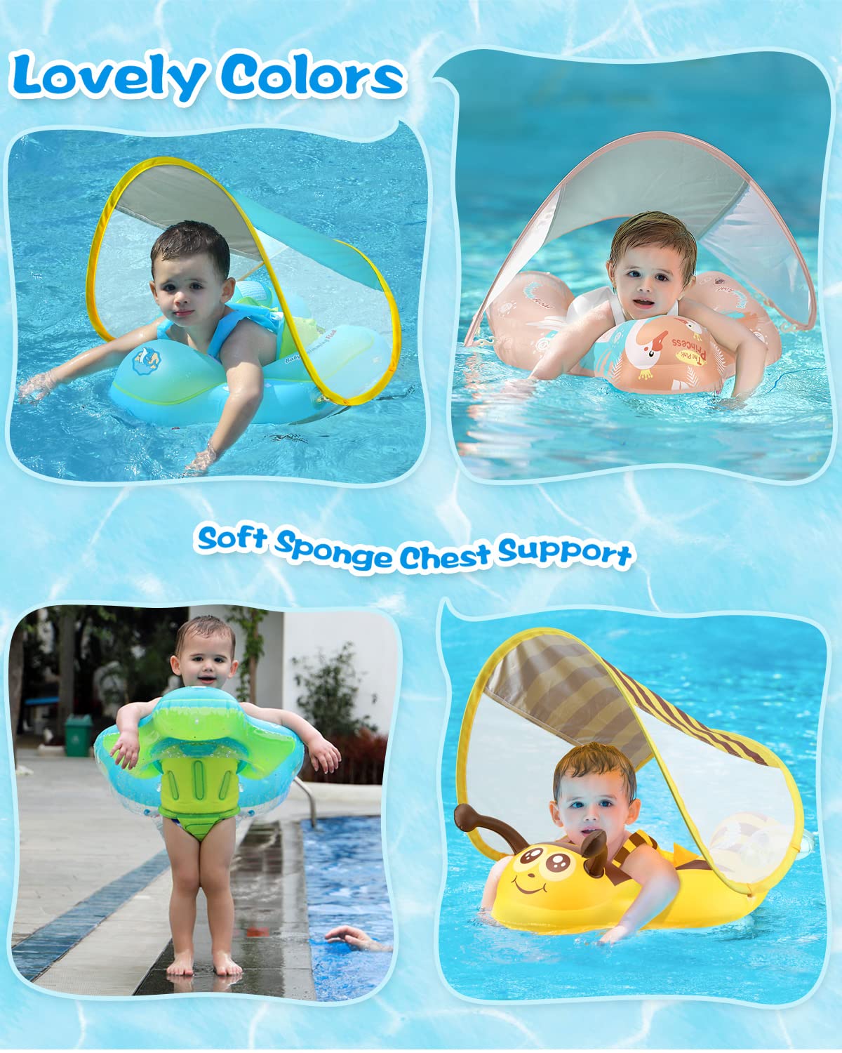 Free Swimming Baby Infant Pool Float with Sun Canopy Inflatable Baby Swimming Floatie with Sponge Safety Bottom Support Water Toys Swimming Trainer for Age of 3-72 Months (Pink, Large)