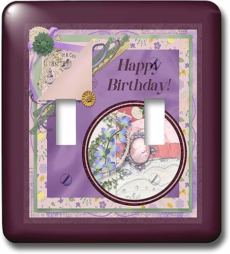 3dRose Image of Happy Birhday Cameo, Flora, Purple Cluster - Light Switch Covers (lsp-378328-2)
