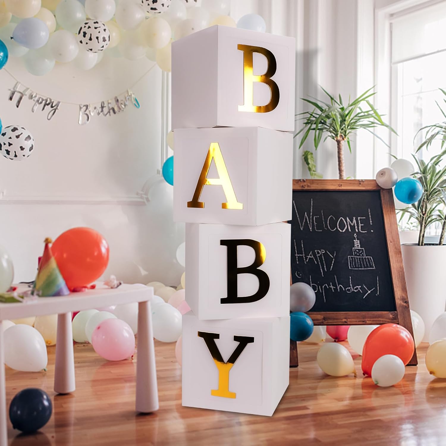 CJT Baby Shower Boxes Party Decorations - 4pcs Stereoscopic White Boxes with Gold Letters, Baby Party Boxes Baby Block for Teddy Bear Baby Shower