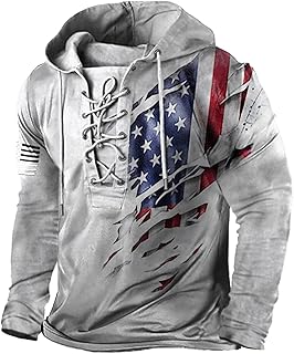 Men's Long Sleeve Outdoor Military Tactical Retro Distressed American Flag Print LaceUp Pullover Hooded Sweatshirt
