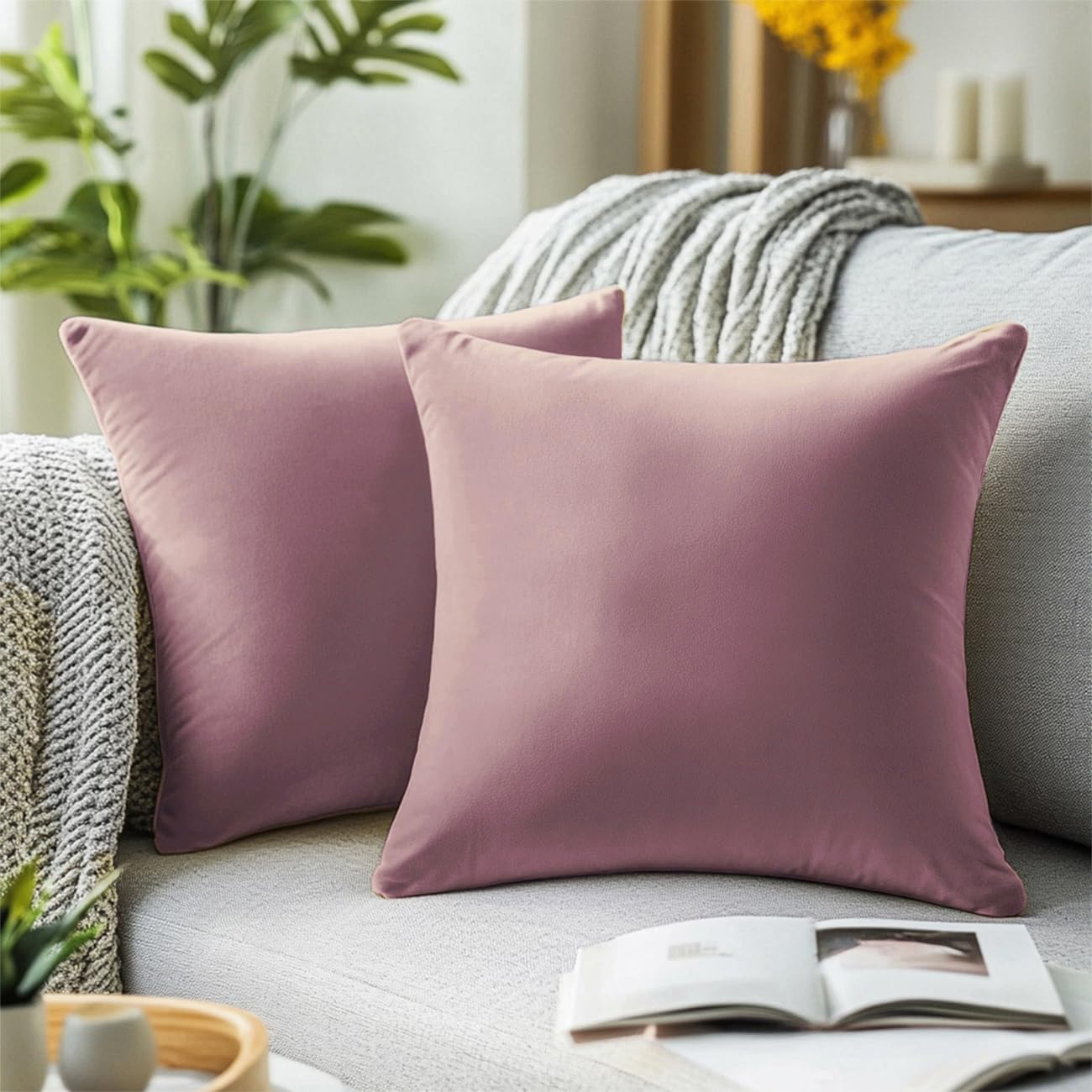QUORGVES Dusty Pink Velvet Pillow Covers 24x24 Inch Set of 2, Soft Solid Decorative Square Throw Pillow Covers, Decor Cushion Covers for Bed Sofa Couch Bedroom Living Room