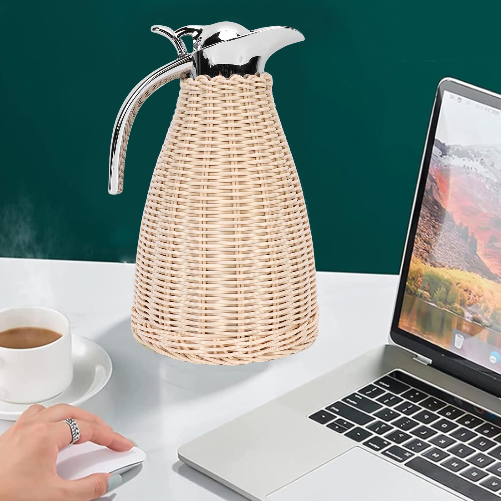 SIXRUN Carafe Tossicola Termica in Acciaio Inossidabile in Acciaio Inossidabile Intrecciato, 1,5 Litri di Brocca Isolata a Parete, Calore di 12 Ore, Fidelizzazione a Freddo 24 Ore, (Beige)