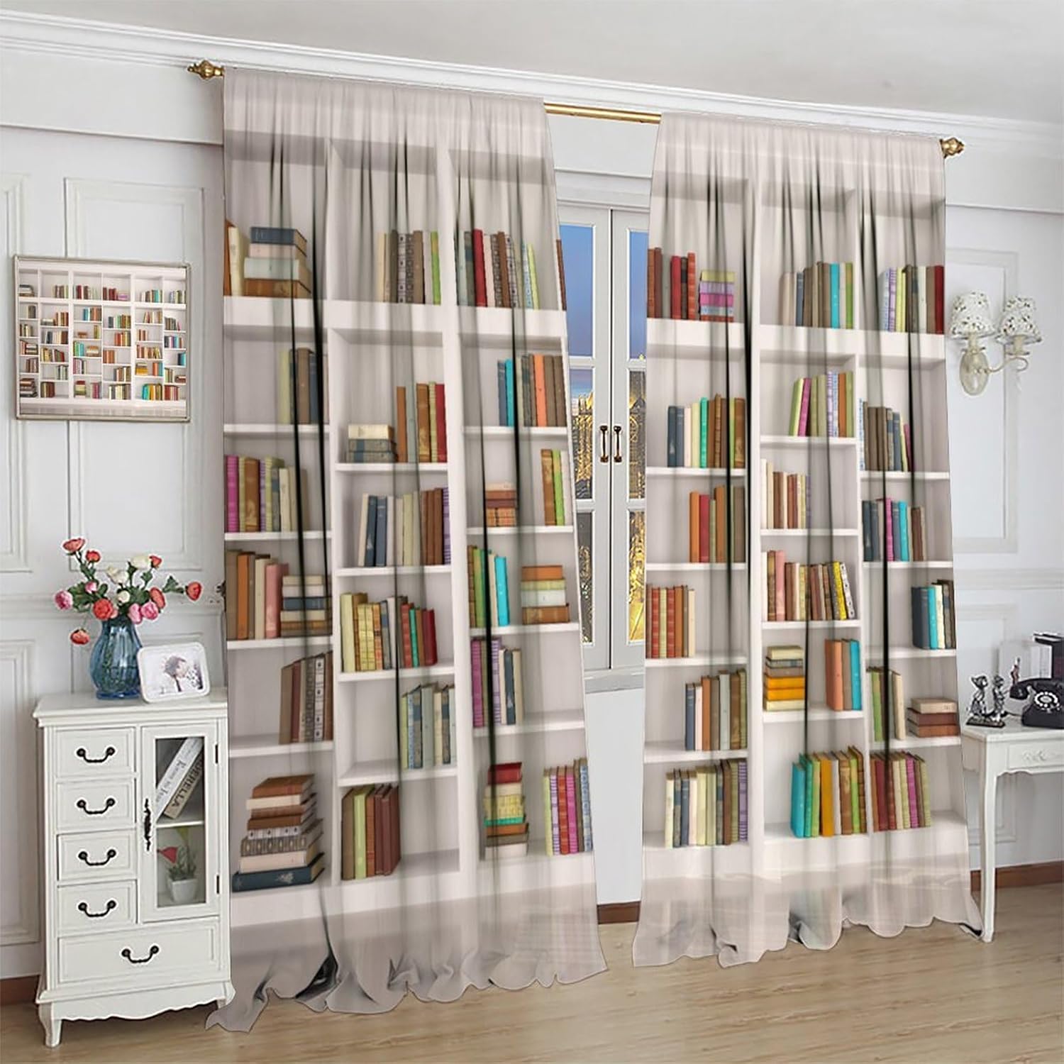 Bookshelf Curtains Bookcase Wooden Antique House Hippie Art Wall Rod Pocket Blackout Window Drapes for Bedroom Living Room Kitchen Cafe Decor （W21xL45 Inch） x2 Panels
