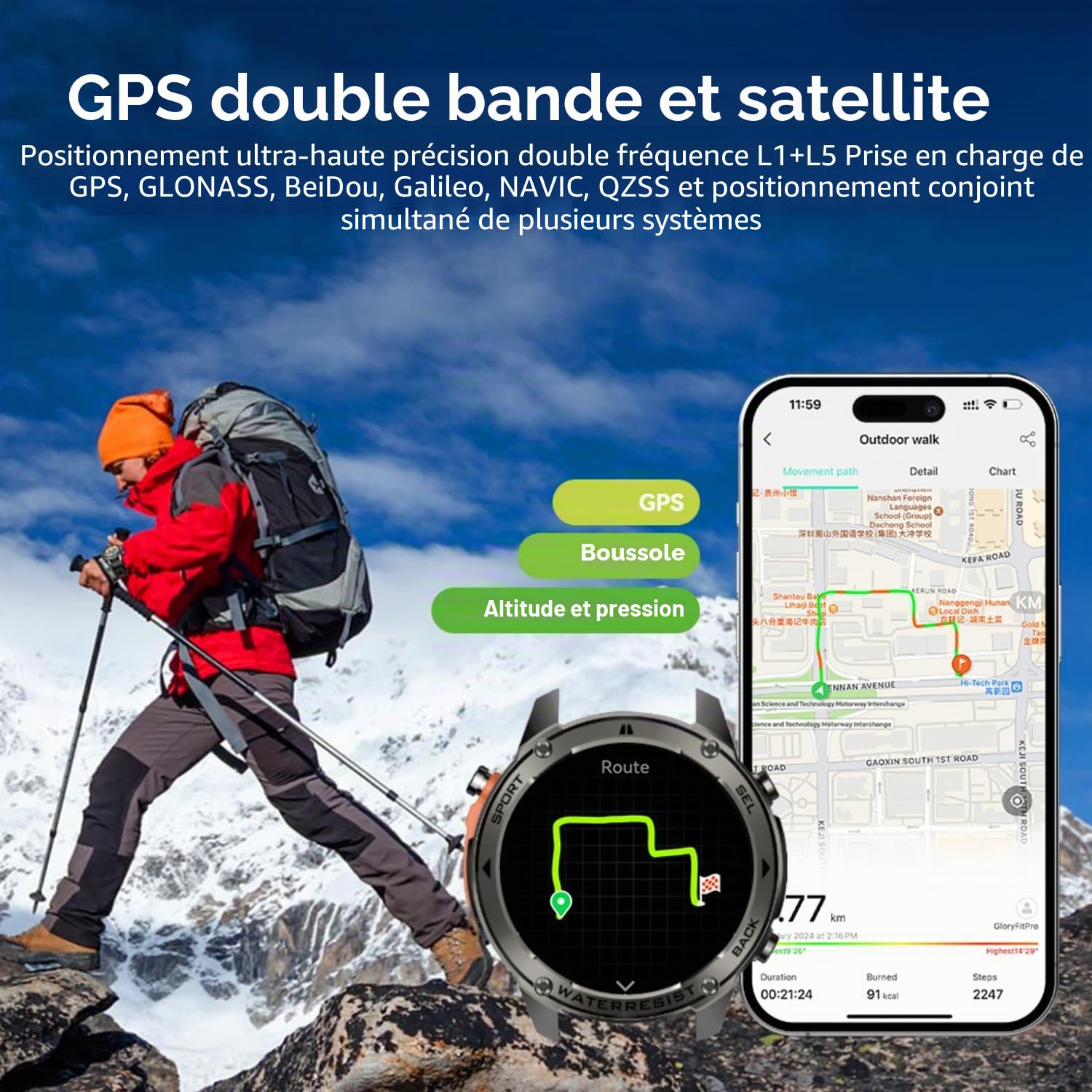 AIEK GPS Montre Connectée Homme, 5ATM Étanche, 1,43" AMOLED Écran Smartwatch, Appel Bluetooth, 500mAh, Boussole Baromètre Altimètre, 170+ Mode Sport Fitness Tracker pour Android iOS (Argent)
