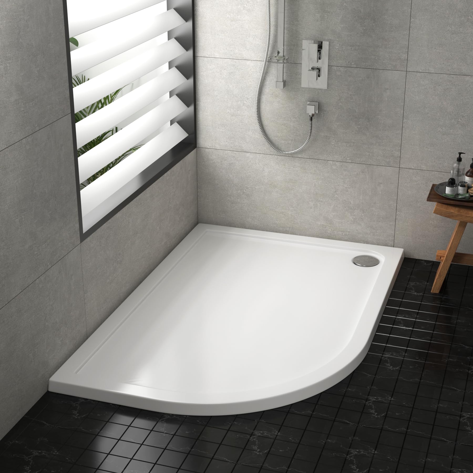 Bathroom 900 x 800mm Shower Tray Gloss White Slimline 40mm Stone Resin Left Handed Offset Base with Free Waste Trap Kit