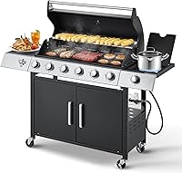 MELLCOM 60,000 BTU 6-Burner Propane Gas Grill with Side Stove & Cast Iron Grates - Patio BBQ Powerhouse