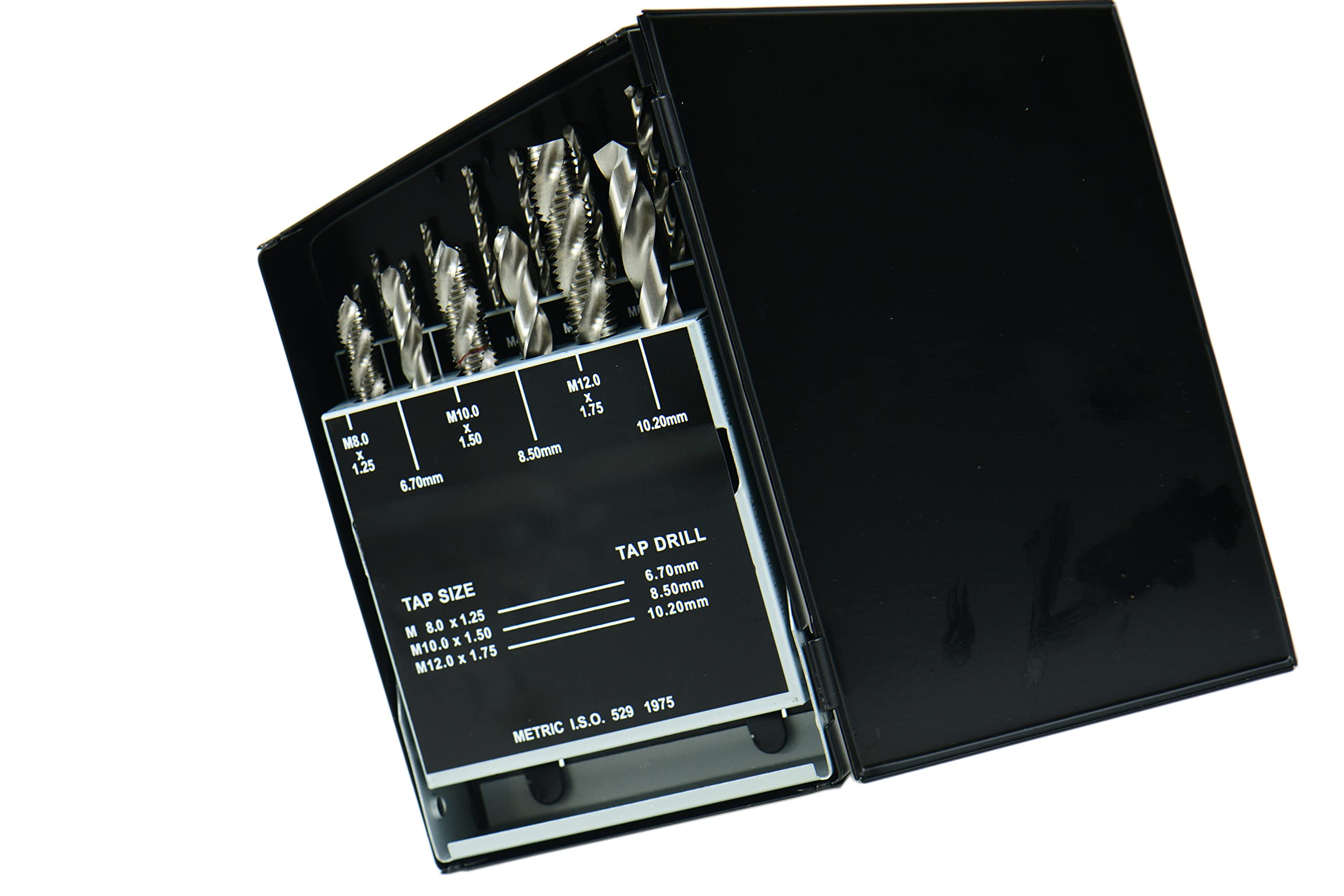 18 pcs M2.5x0.45 to M12x1.75 2.05 to 10.2MM HSS Metric Flute Tap & Drill Set 404-7257 P)