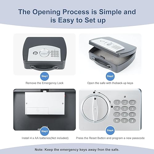 Miniatura 5 de Caja de seguridad negra con bloqueo de teclado digital, pequeña caja fuerte de viaje de acero con asa de transporte para dinero (0.08 pies cúbicos)