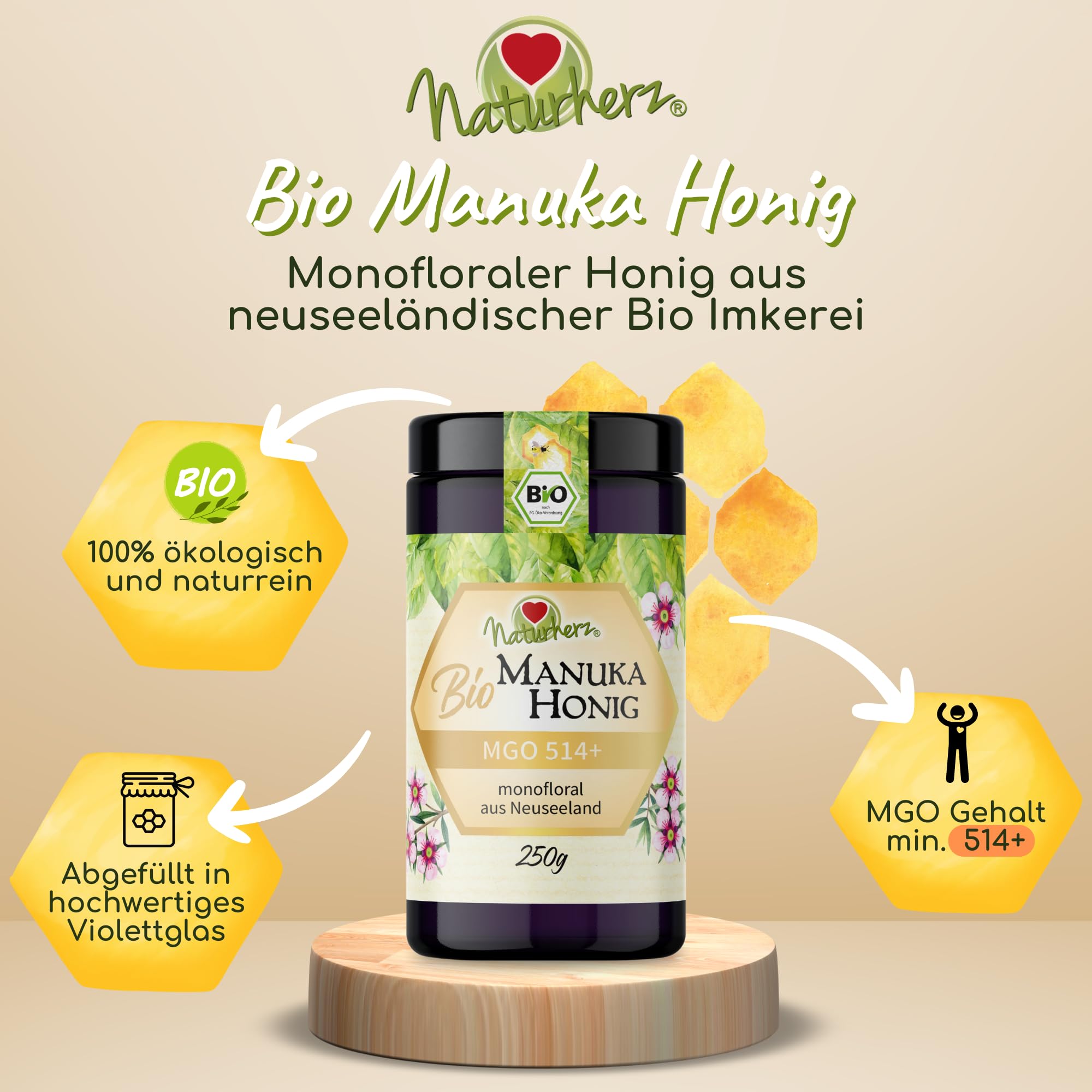 Manuka Bio Honig +514 MGO (250 g) 100% pur aus Neuseeland - Monofloral