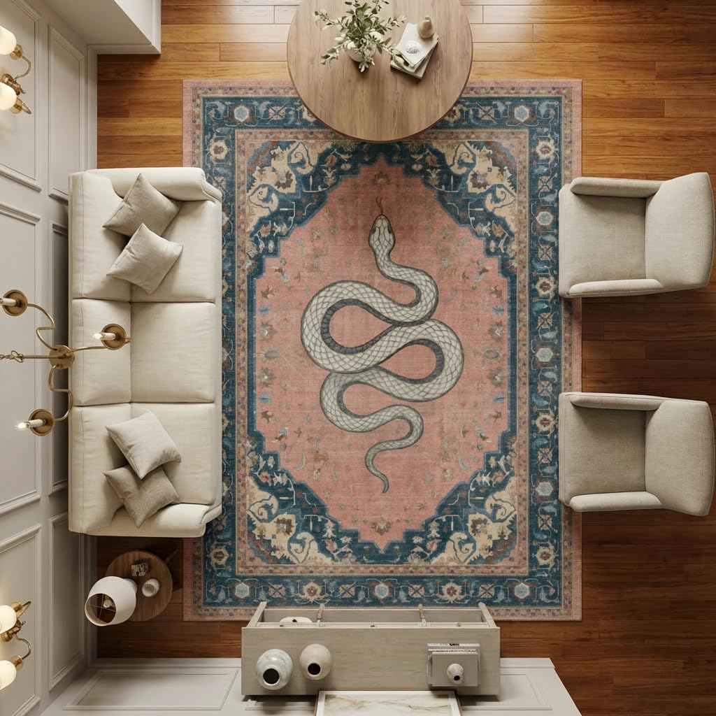 5x7 Area Rug Vintage Bohemian Snake Motif Rug with Non Slip Backing, Washable Low Pile Dusty Pink Navy Blue Carpet for Bedroom, Living Room, Home Office, Eclectic Decor