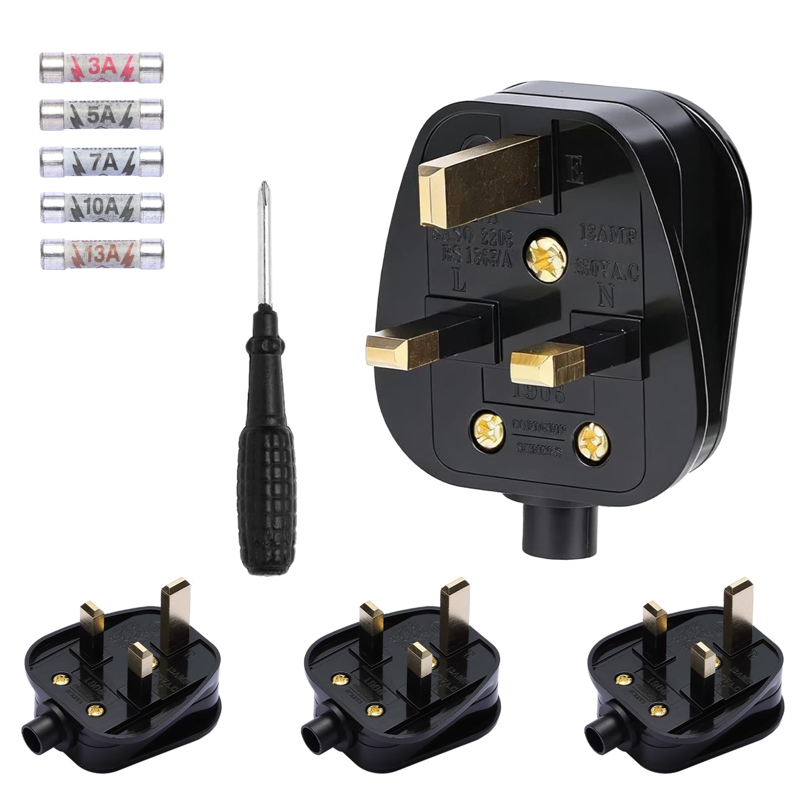 iulrtba 4 Pack 13 Amp Plug UK, 3 Pin Plug UK, Electric Plugs with 3A 5A 7A 10A 13A Domestic Fuses Kit, Rewireable Plug with 1 Screwdriver for Home Office Appliances Devices (Black)