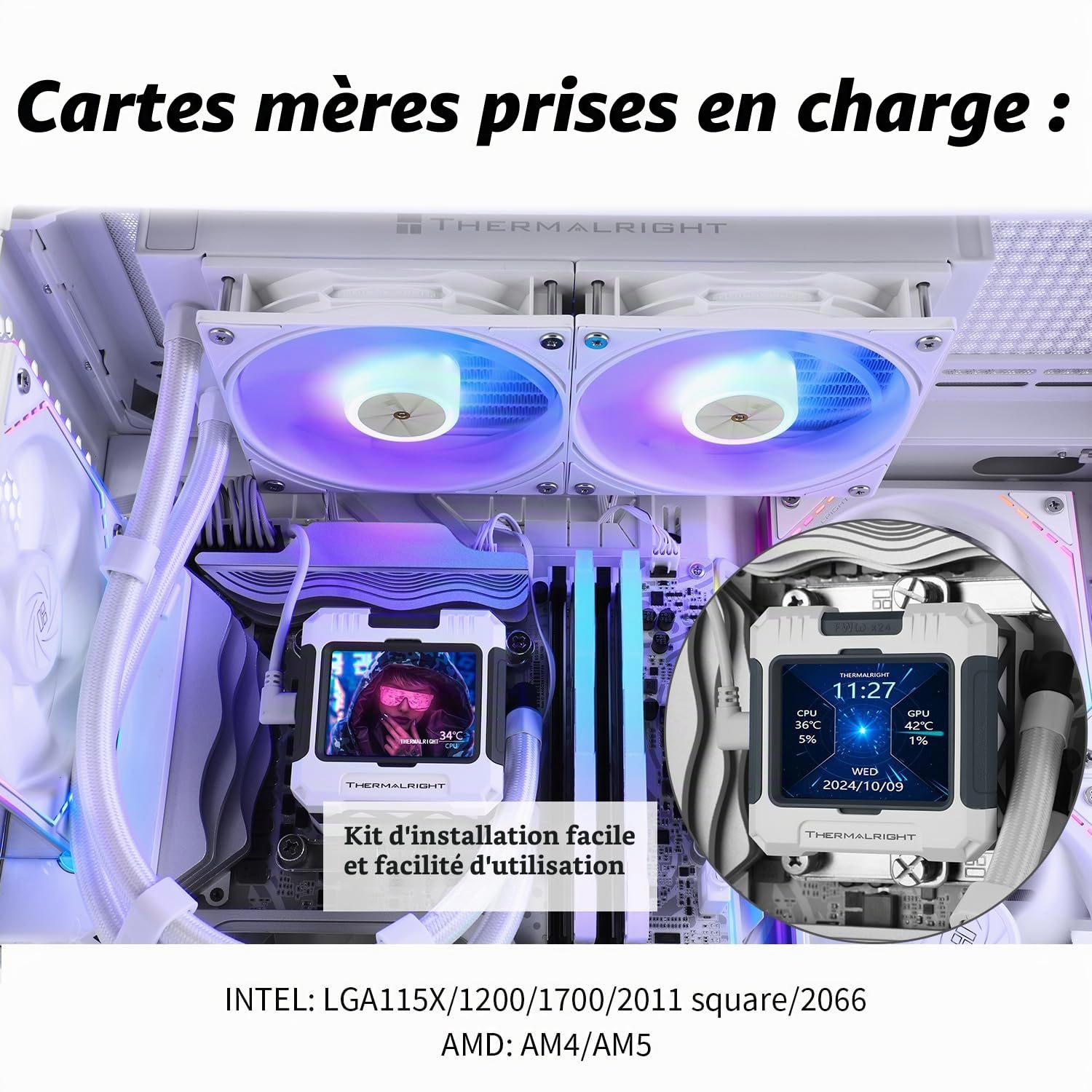 TR FW240 Blanc ARGB CPU Refroidisseur d’eau, Double PWM Ventilateurs Système de refroidissement par eau, Écran LCD IPS avec résolution 320 * 240, pour AMD / AM4 / AM5 & Intel LGA1700