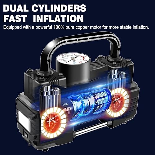 Miniatura 4 de Inflador de neumáticos negro de doble cilindro resistente con bolsa portátil, accesorios para automóvil, bomba de compresor de aire de metal 12V