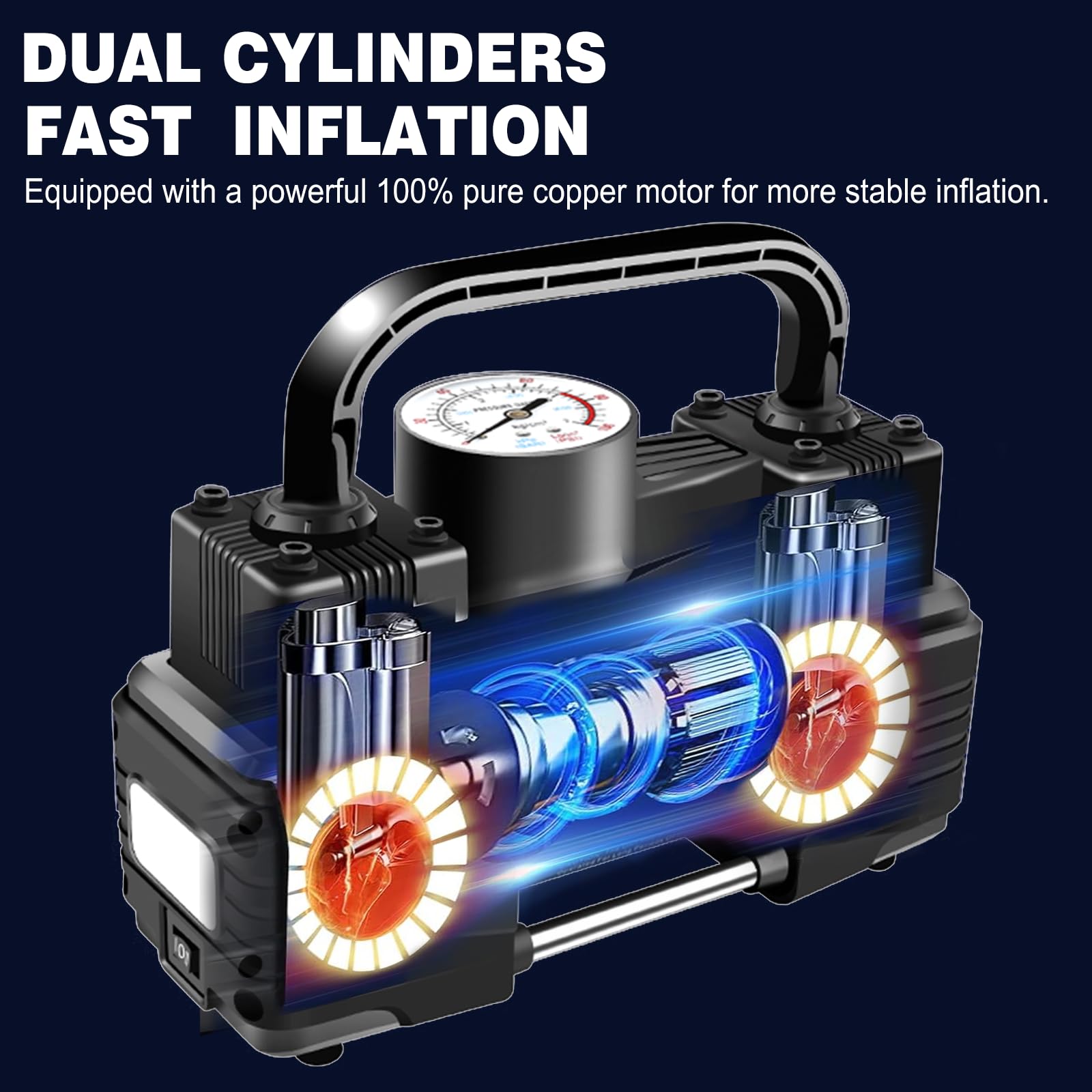 Pompka do czarnych opon Heavy Duty Podwójne cylindry z przenośną torbą - akcesoria samochodowe, metalowa pompa sprężarki powietrza 12 V 150 PSI z adapterem do samochodów, ciężarówek, SUV-ów, pontonów,