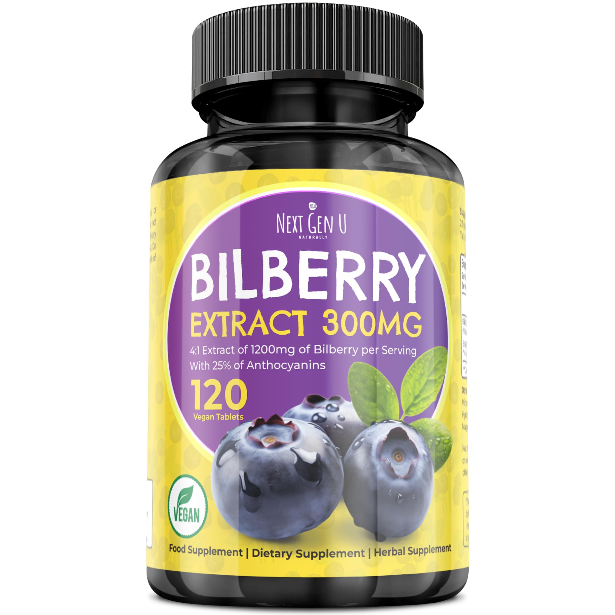 Bilberry Eye Supplement - 300mg with 75mg Anthocyanins 120 Vegan Tablets - Food & Dietary Vitamins and Health Supplements - Supporting Vision Protection - by NextGenU