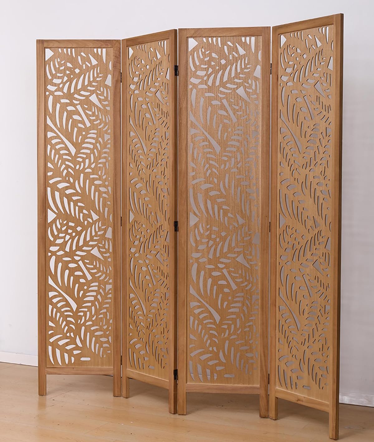 PEGANE Paravent ajouré, séparateur de pièce en Bois avec Motifs Feuille, 4 pans Coloris Brun Clair - Hauteur 170 x Longueur 160 cm