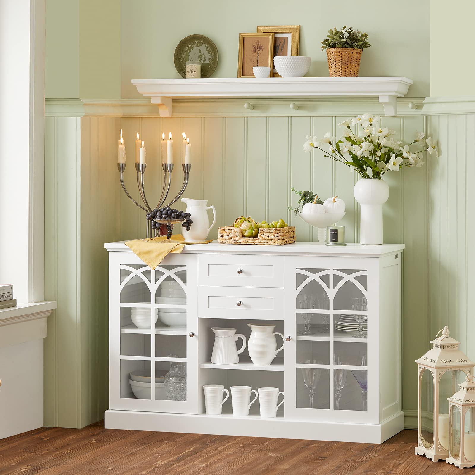 SoBuy Sideboard Küche mit Glastüren, Schubladen & offenem Fach, 120×78×39cm | Buffetschrank, große Arbeitsplatte, 80 kg Tragkraft, staubgeschützt, MDF, für Esszimmer & Wohnzimmer & Kaffeeecke, FSB79-W