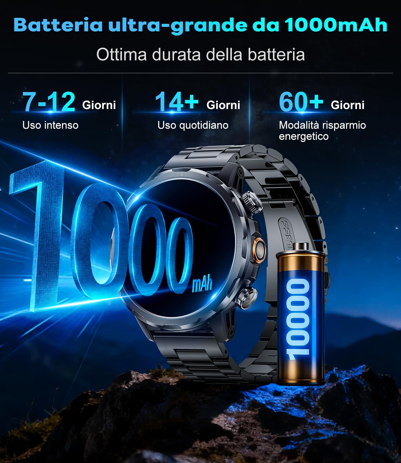 BENYAR Smartwatch Uomo Militare con 1000mAh/Torcia LED/Due Cavi,1,7" Orologio Smartwatch Fitness con Chiamate/IP68 Impermeabile/100+ Sportive/Cardiofrequenzimetro/Sonno/Notifiche Messaggi Android iOS