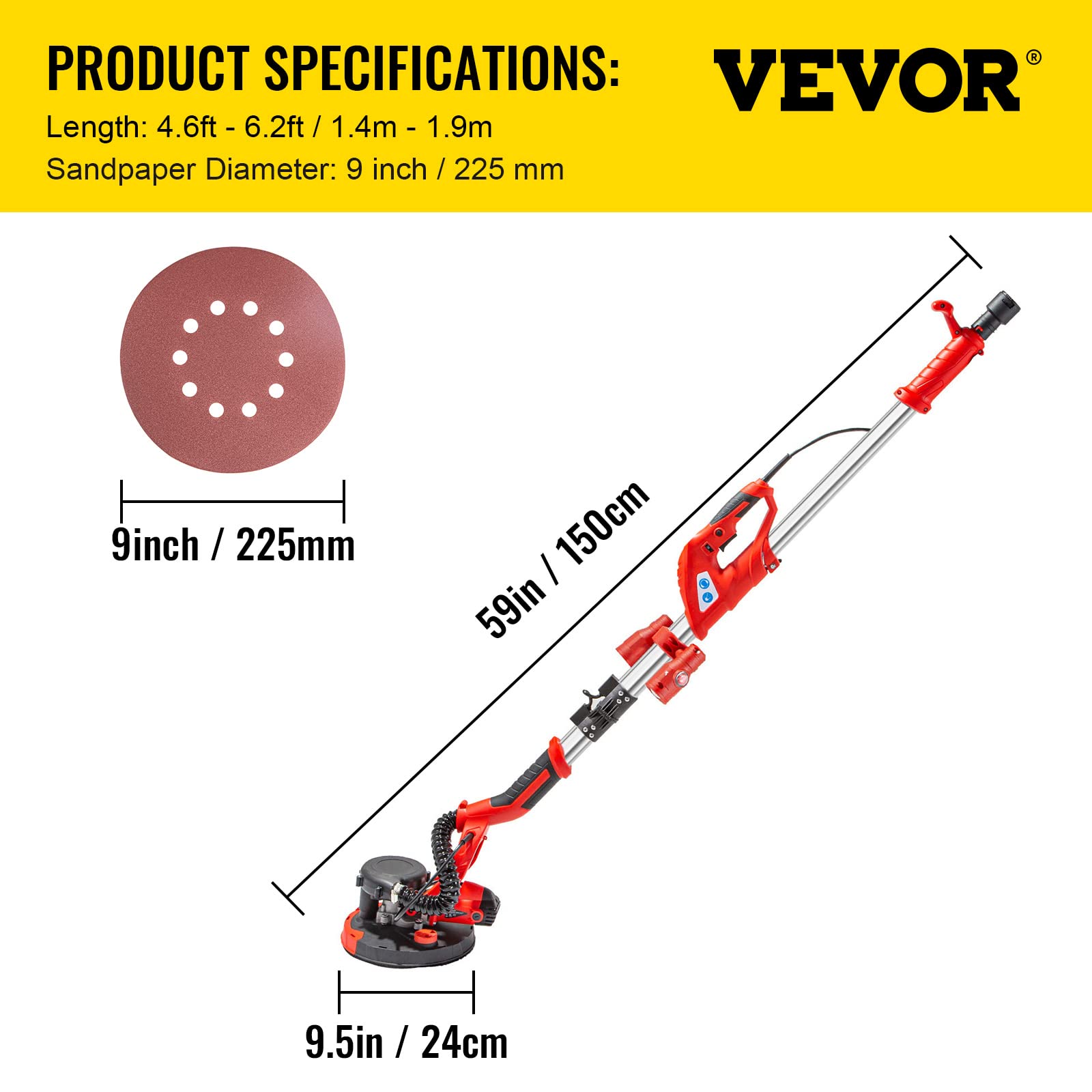 Mophorn VEVOR 850 W Levigatrice a Muro, Lucidatrice per Lavori a Secco, Levigatrice Telescopica per Pareti e Soffitti, Levigatrice a Giraffa, Ideale per Levigare Soffitti e Pareti, Rosso