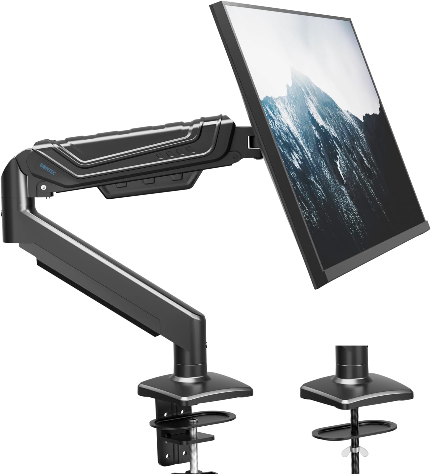 BONTEC Single Monitor Arm Desk Mount for 13-34 Inch Screens, Adjustable Gas Spring Arm with Tilt, Swivel, Rotation, VESA 75x75mm 100x100mm, Holds up to 19.8lbs, C-Clamp & Grommet Base, Ergonomic Stand