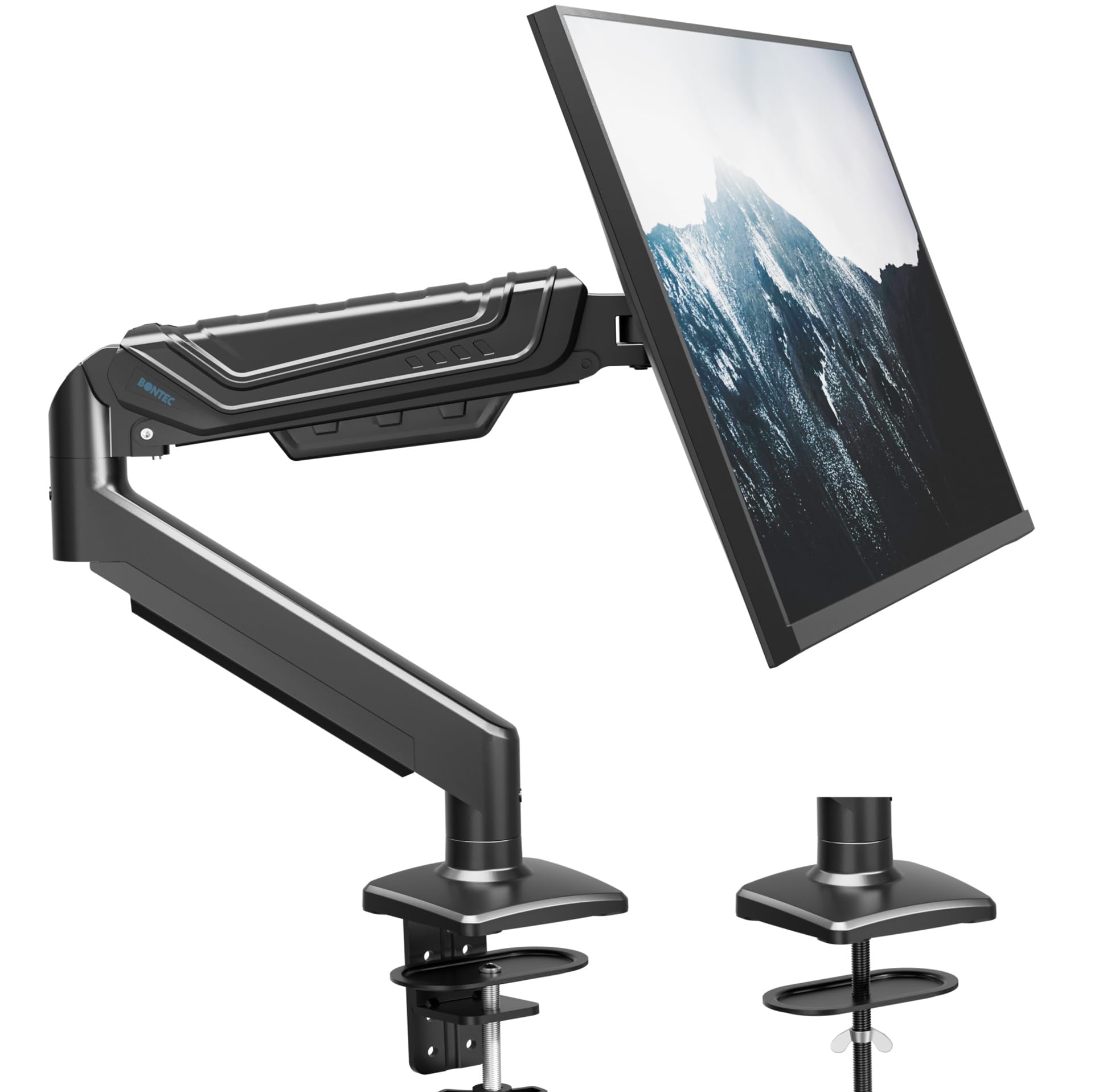BONTEC Single Monitor Arm Desk Mount for 13-34 Inch Screens, Adjustable Gas Spring Arm with Tilt, Swivel, Rotation, VESA 75x75mm 100x100mm, Holds up to 19.8lbs, C-Clamp & Grommet Base, Ergonomic Stand
