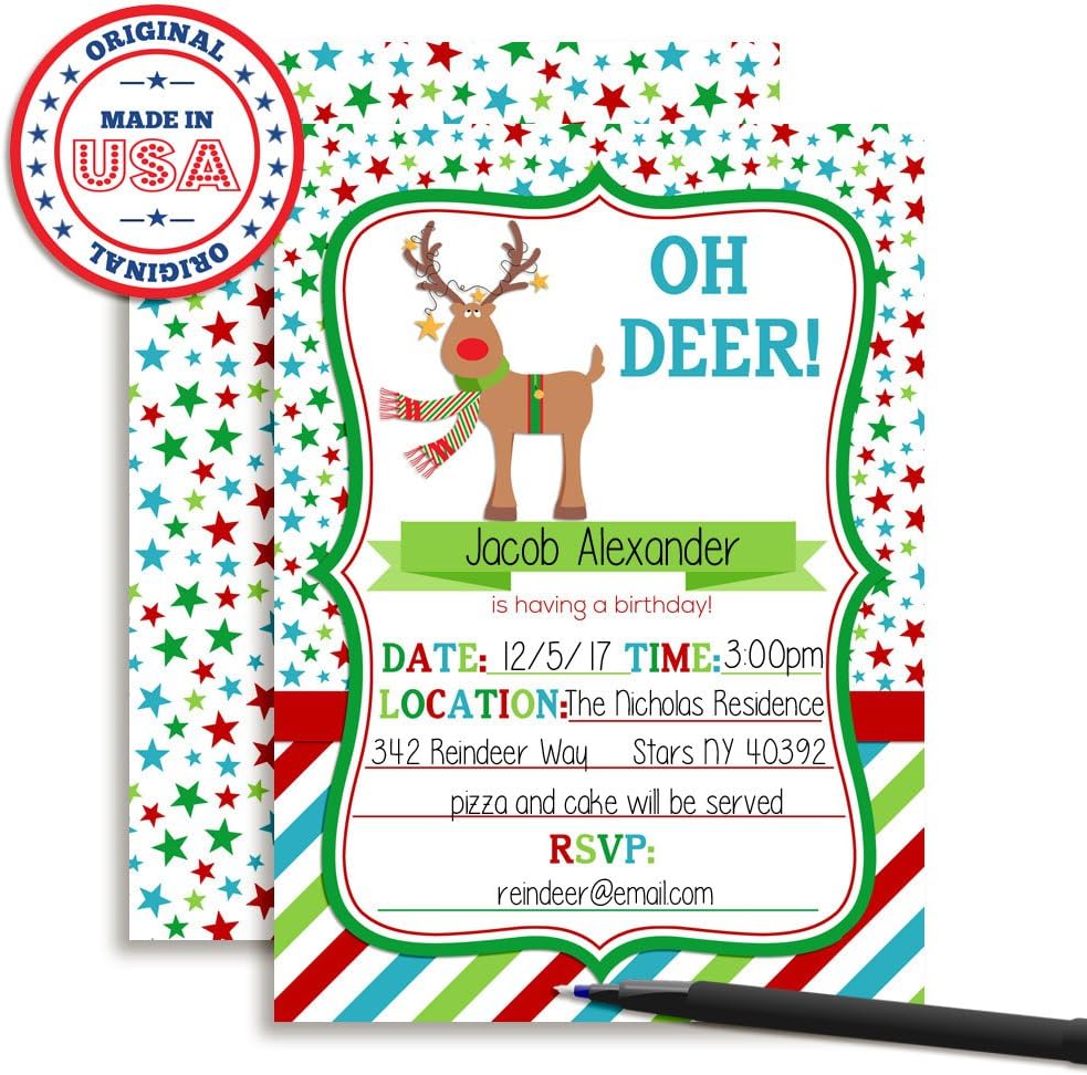 Oh Deer Adorable Reindeer Holiday Birthday Party Invitations, 20 5x7 Fill In Cards with Twenty White Envelopes by AmandaCreation