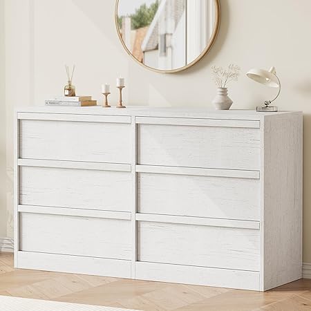 GarveeHome 6 Drawer Dresser for Bedroom, Antique White Double Dresser Organizer with Large Storage, Wooden Chest of Drawers for Living Room, Nursery, Hallway