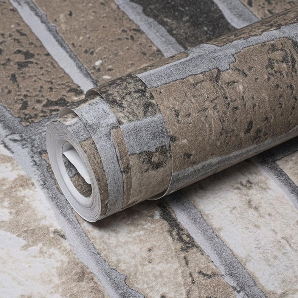 Rustic Brown 3D Brick & Stone Pattern Effect Wallpaper - Non-Woven Fabric, Industrial Anti-Fouling Texture, Vintage Slate for Living Room, Bedroom, Fireplace