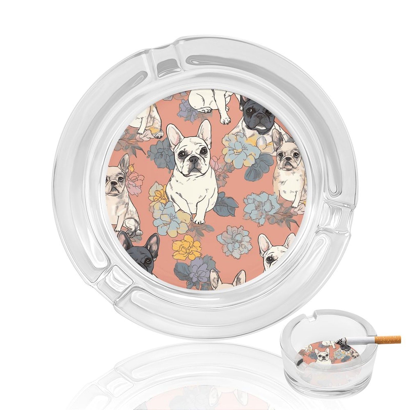 French Bulldog Print Glass Ashtray for Cigarette,Cigarette Ashtray for Indoor Or Outdoor Use,Cigar ash trays case with 3 Notches-Glass Decor Gift for Men Smokers