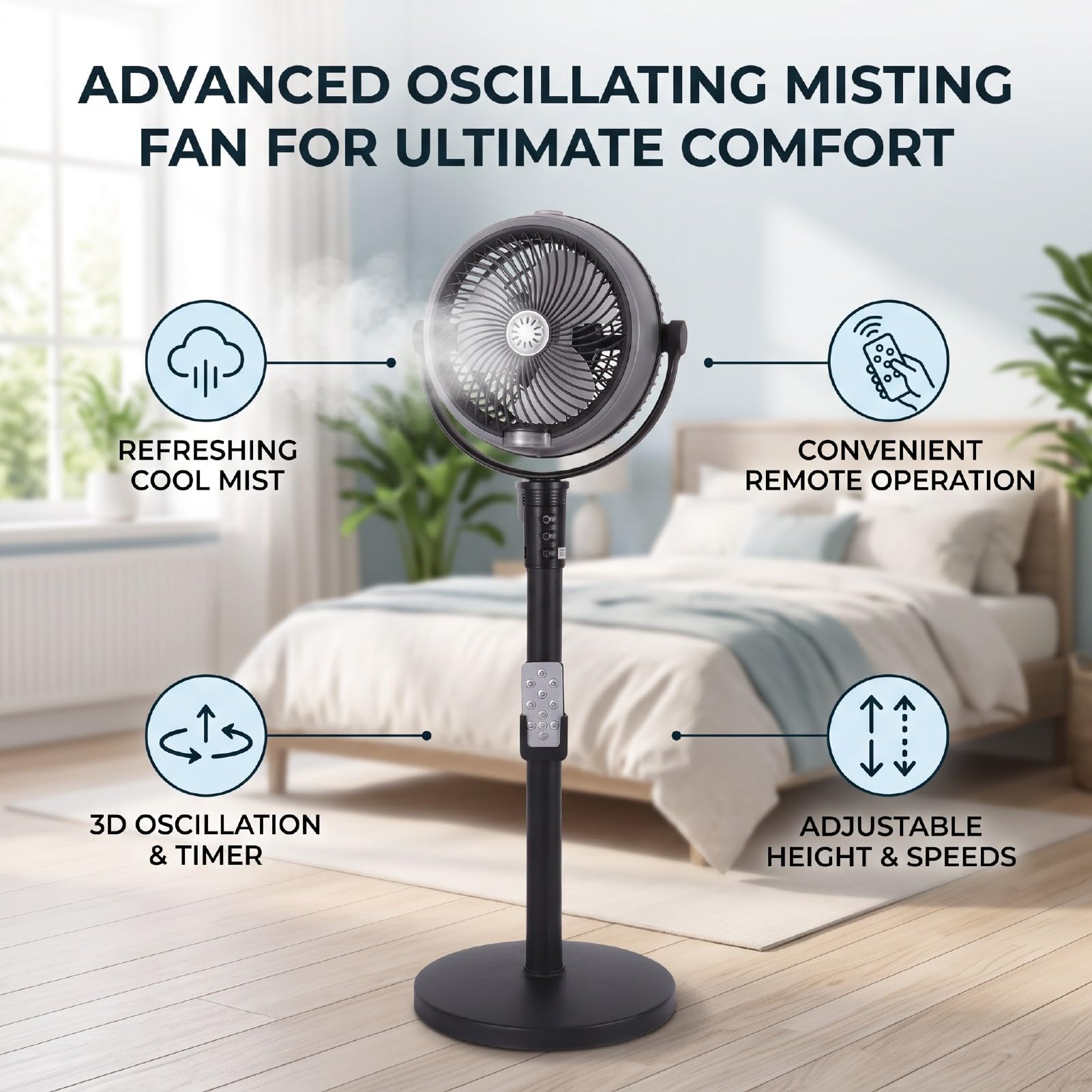 Ventilador Oscilante de Pie, Ventilador de Refrigeración por Nebulización Eficiente, Ajustable para el Hogar, USB de Oficina, Motor Fuerte Recargable (BLACK)