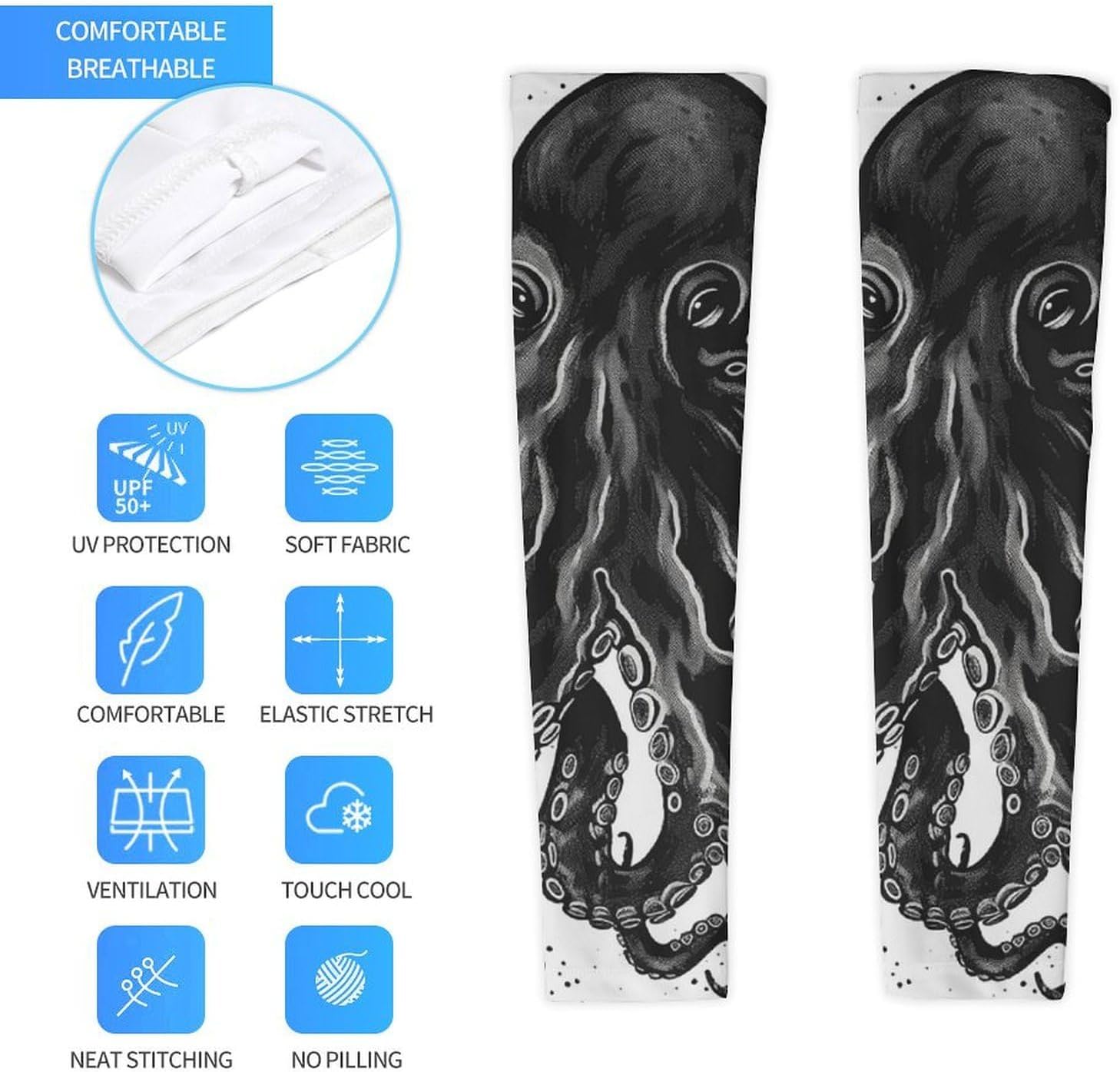 Classic Black Octopus Arm Sleeves for Men Women Sun Protection Sleeves Cooling Compression Arm Covers for Sport