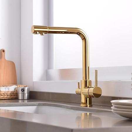 B Backline Brass Kitchen Mixer tap with RO Drinking Water Outlet | Double Lever Faucet for Kitchen Sink | Sink Tap with 360 degree Spout Rotation | Hot & Cold Kitchen Sink Faucet (Gold Glossy)