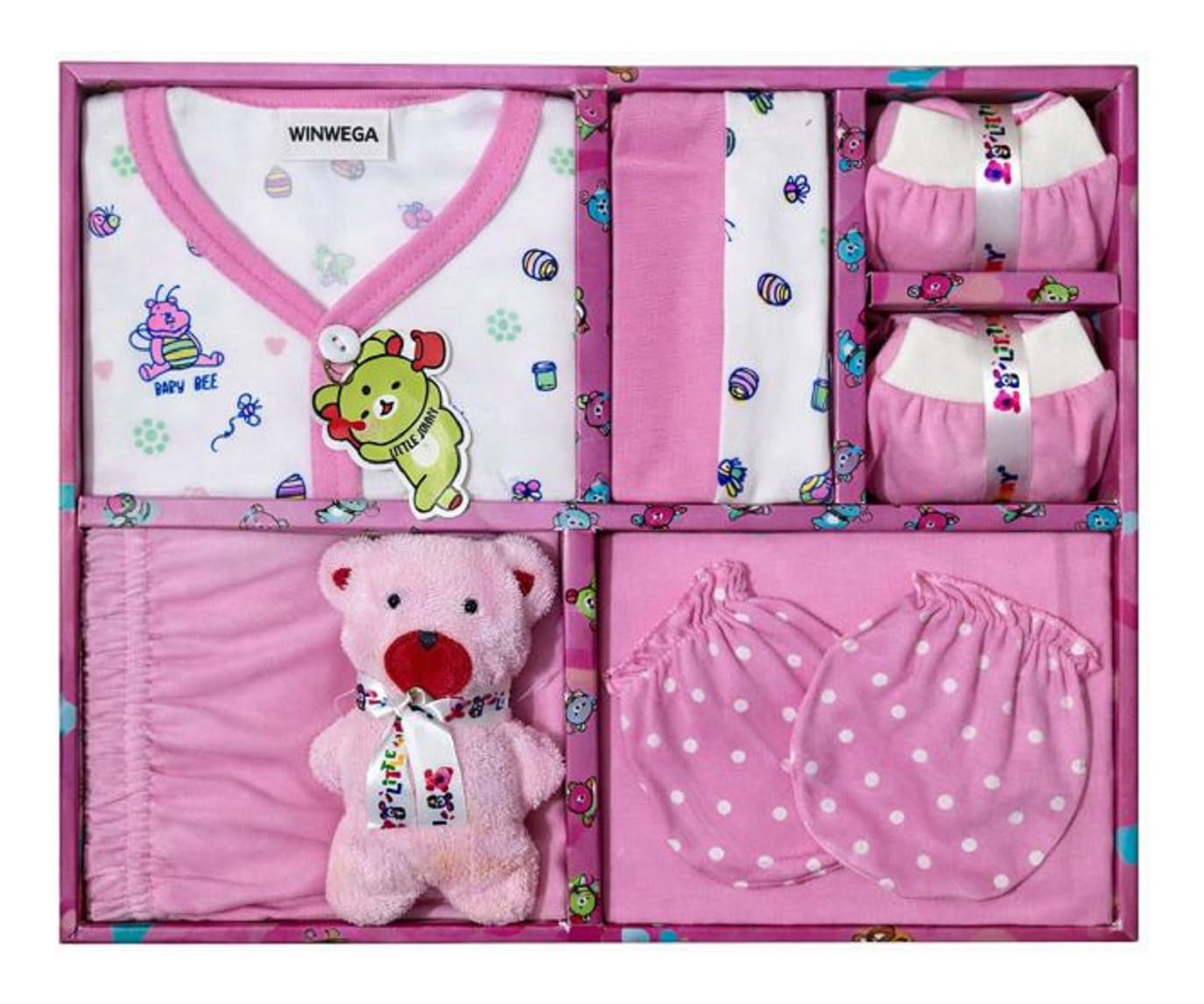 NewBorn Baby Gift set 0 to 3 Month Unisex T-Shirt, Pant, Cap, Mittens, Booty, Washcloth, Soft Teddy 7Pcs Attractive Print And 100 Pure Cotton