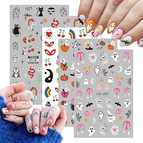 5 hojas de calcomanías de Halloween para arte de uñas, calabazas, calcomanías de arte de uñas, lindo fantasma, autoadhesivas, 3D, calcomanías de