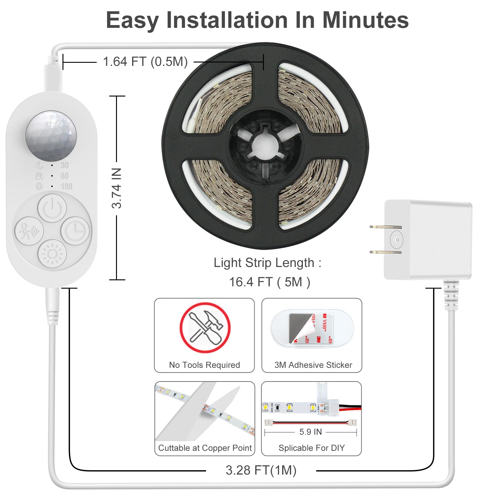 Striscia LED da incasso con sensore di movimento, per interni, luce bianca fredda, 6000 K, super luminosa, 2000 lm, adattatore dimmer da 12 V e per armadietti da cucina, mensole, armadi
