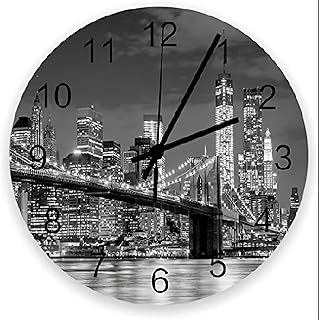 Brooklyn Bridge Wall Clock New York City Skyline Illuminated Clock Wall Decor 10 Inch Battery Operated Large Decorative Wall Clock Silent Round Wood Wall Clock Hanging Clocks for Bedroom Decor Living