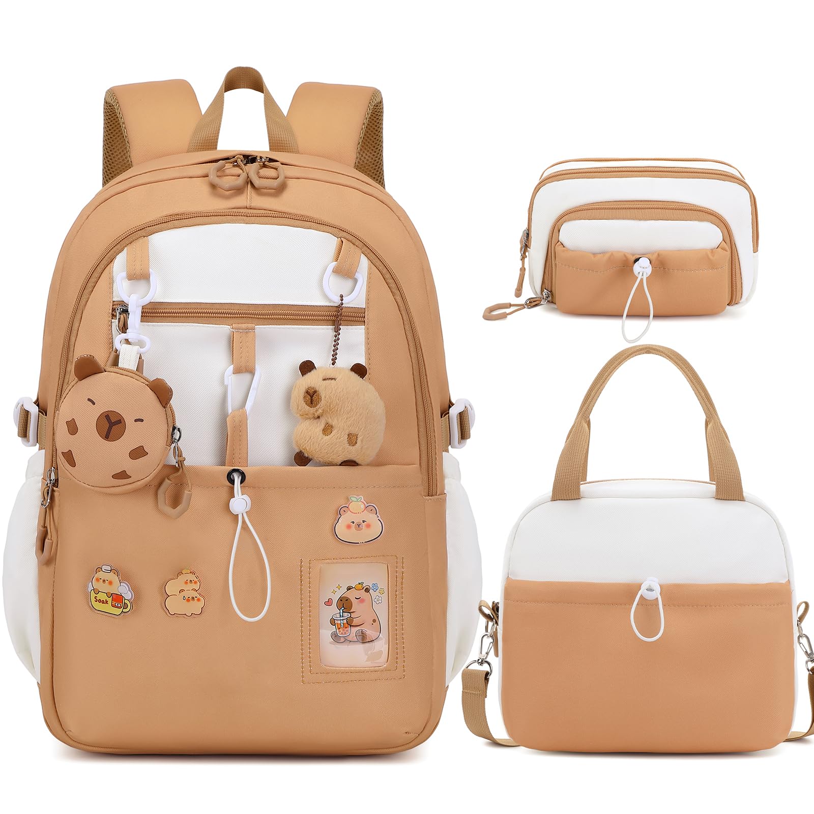 DIGOBAY Backpack for Girls, 5PCS School Bookbag with Lunch Box Pencil Case | Capybara Girls Backpack with Coin Purse Bow Pendant Kid School Bag for Elementary Middle School Students ages 6-12 Brown