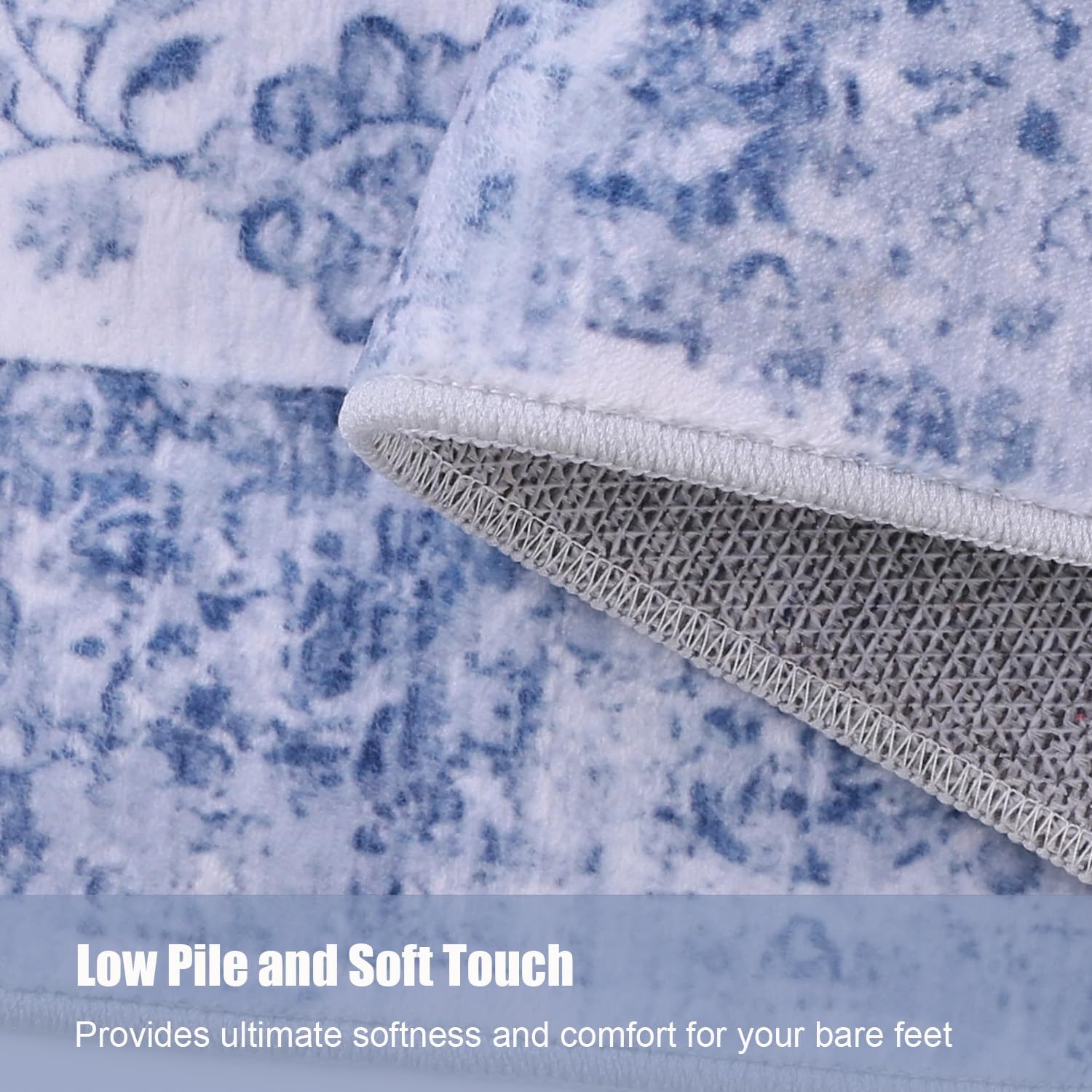 Boho Area Rug 5' x 7' Washable Vintage Rug with Non Slip Backing Soft Low-Pile Carpet Foldable Mat for Living Room Bedroom Dining Office, Blue