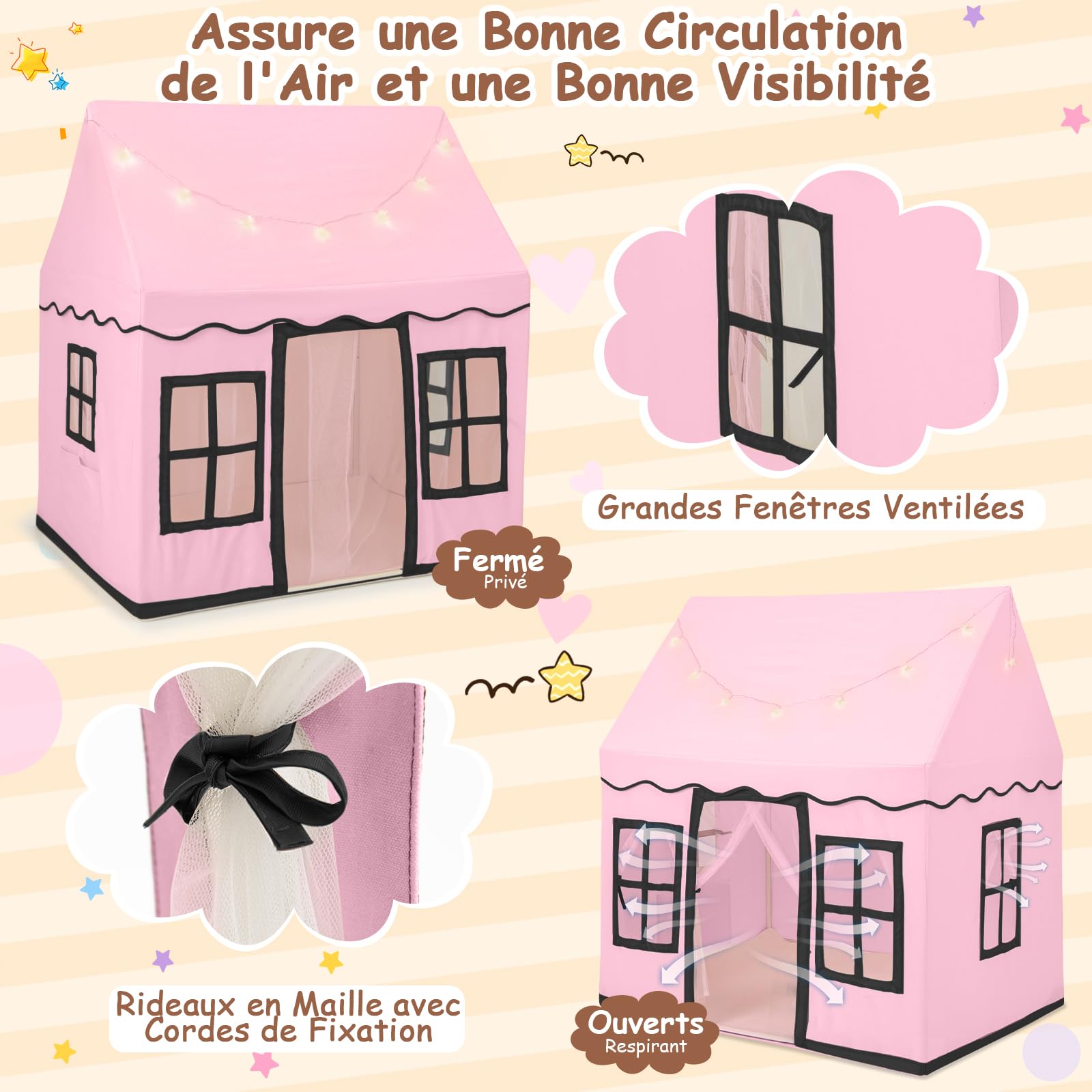 Tente De Jeu Pour Enfant DREAMADE Avec Guirlande LED étoilée, Tapis Antidérapant, 2 Fenêtres, Pour Intérieur Et Extérieur – Kaki, Dès 3 Ans
