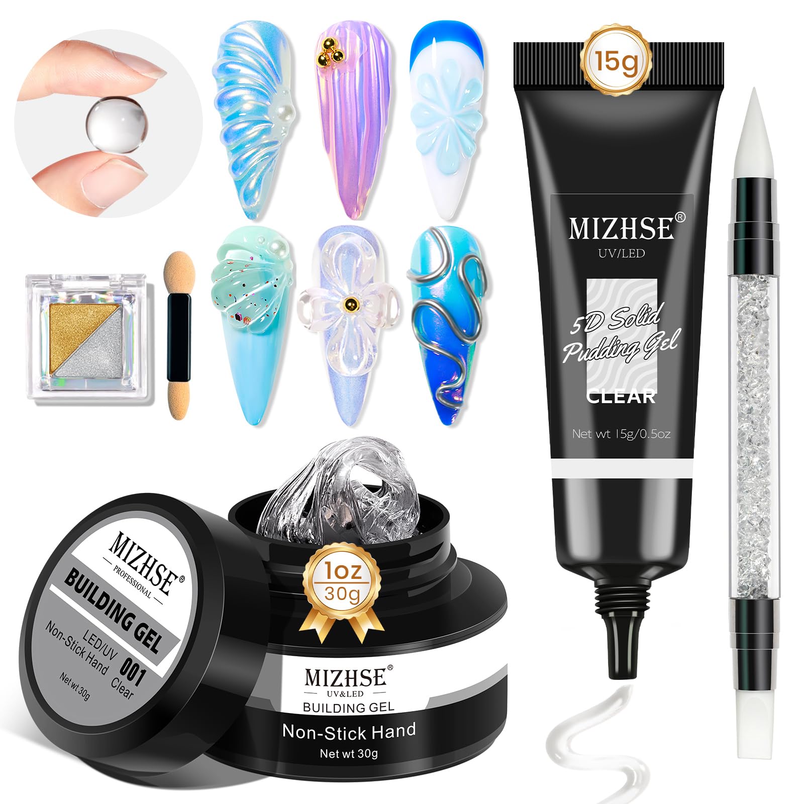 MIZHSE 30g Solid Builder Gel for Nails and 15g 3D Nail Gel, Clear Hard Sculpting Gels for Nails Art Soak Off U V LED Builder Gels for Salon Home DIY Woman
