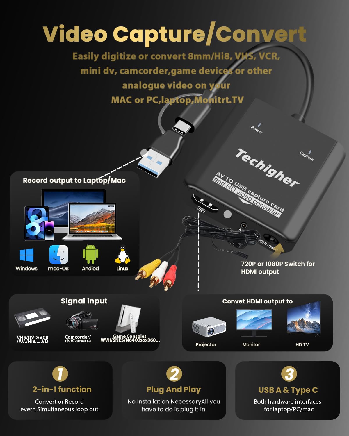 Convertidor VHS a digital, tarjeta de captura de video USB para video, VCR/Hi8/DVD/AV/RCA/VHS a convertidor digital, convertidor RCA a HDMI, convertidor AV a HDMI, captura y convierte