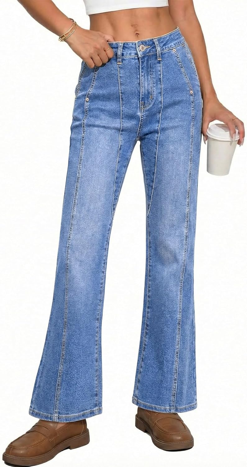 Astylish Women's Trendy Wide Leg Jeans High Waisted Stretchy Ankle Bootcut Jeans Straight Denim Pants with Slanted Pockets