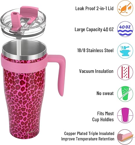 Miniatura 4 de Zukro Vaso de 40 onzas con popote abatible y asa, a prueba de fugas de acero inoxidable aislado al vacío con tapa 2 en 1, cabe en el soporte para