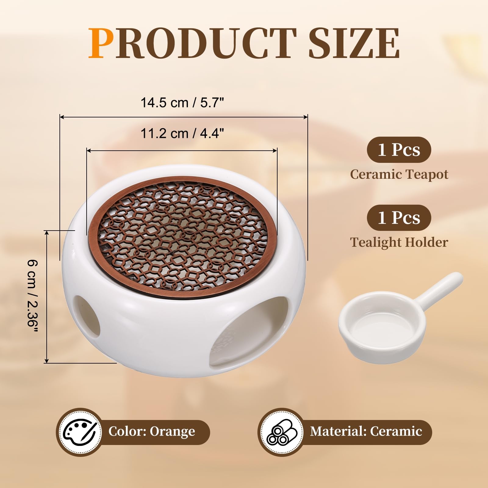 sourcing map Calentador de tetera de cerámica, calentador de té de cerámica con almohadilla de aleación, soporte para velas de té para calentar café, leche, agua, resistente al calor, diseño de 3