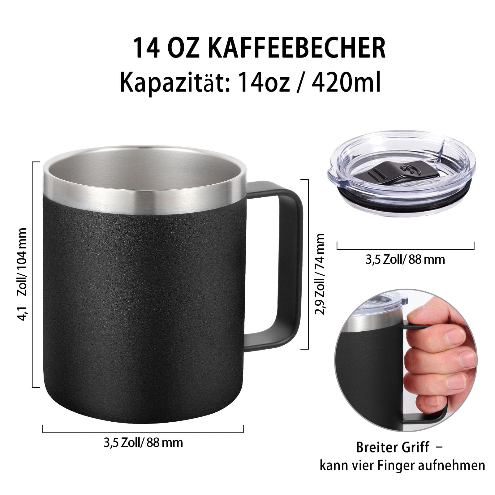 Volhoply 420ml Kaffee-Thermobecher, doppelwandiger Vakuum-isolierter Edelstahlbecher mit Griff, lebensmittelechter 18/8-Edelstahl, hält Getränke heiß und kalt für Camping, Büro (Mehrfarbig, 4er-Set)