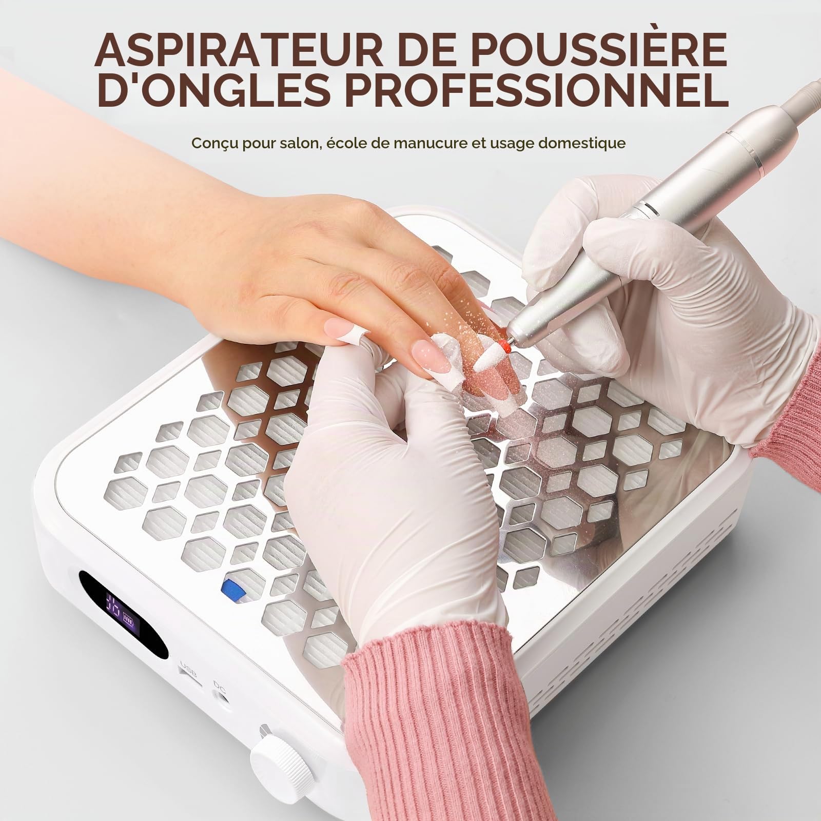 Aspirateur Ongle 800Pa, Rechargeable Aspiration Outil de Salon 5000 TR/Min